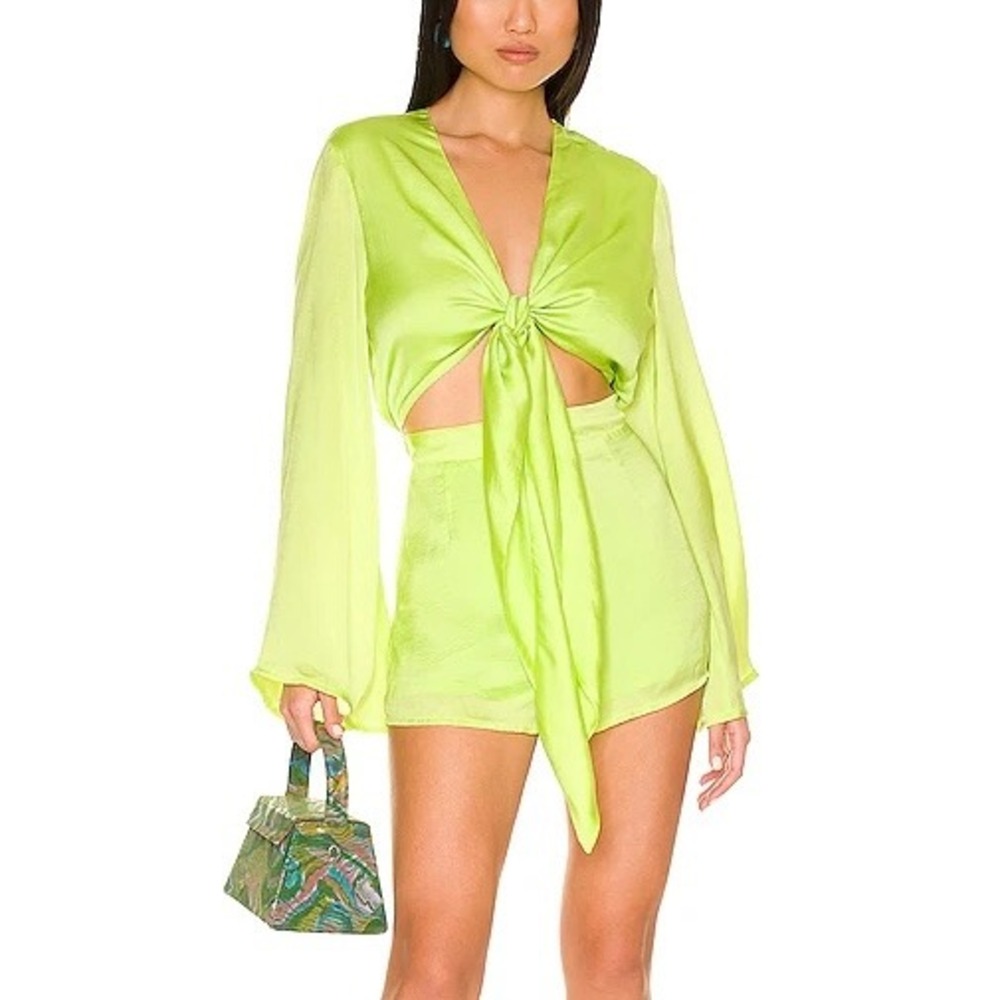 SNDYS Revolve Pluto Romper Lime Green Satin Front Tie Cutout Long Bell Sleeve